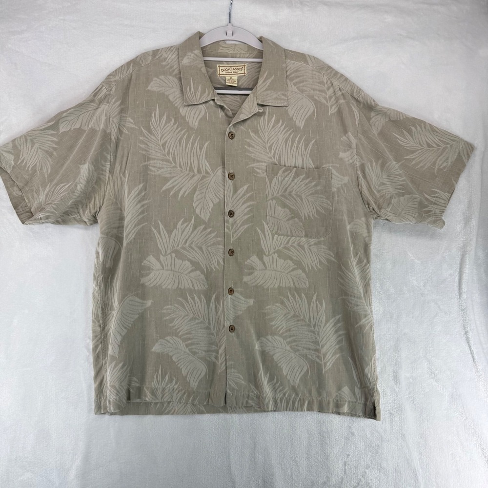 Boca Classics Mens XL Silk Hawaiian Shirt Tan Tropical Leaf Button Down